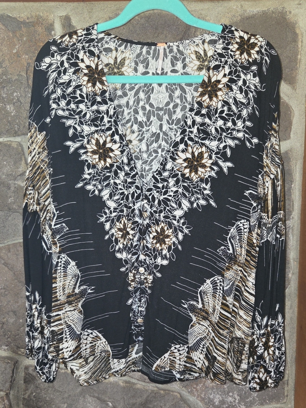 Free People Black Floral V-Neck Tunic with Cream & Brown Accents